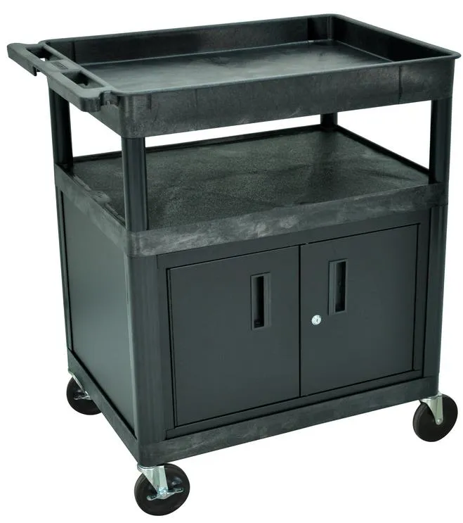 Luxor TC122CB - Plastic 3 Shelf Utility Tub Cart w/ Cabinet - Black